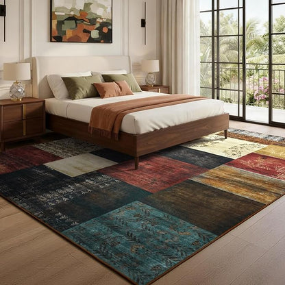DweIke Washable Area Rugs for Living Room, 5x7 Soft Bedroom Rugs, Geometric Print Non-Slip Modern Rug, Stain Resistant Throw Carpets for Office Nursery Dining Room Home Dorm Decor, Colorful