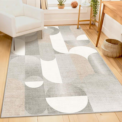Grey Rug 3x5 Washable Area Rugs for Bedroom Living Room Kitchen Entryway Bedside,Small Modern Geometric Non Slip Carpet,Beige