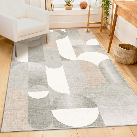 Grey Rug 3x5 Washable Area Rugs for Bedroom Living Room Kitchen Entryway Bedside,Small Modern Geometric Non Slip Carpet,Beige