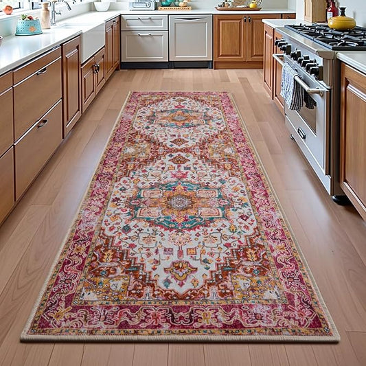 Runner Rug 2×6, Machine Washable Vintage Non-Slip Area Rug, Low Pile, Decorative Carpet Printed Floral Rugs for Living Room, Entryway, Kitchen, Bedroom, Plum