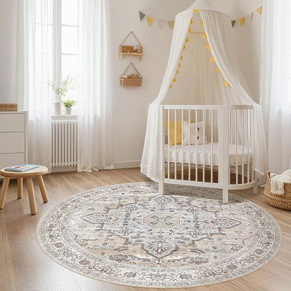 Round Rug Living Room Rugs: 6x6 Washable Boho Neutral Large Circle Soft Indoor Distressed Stain Resistant Floor Farmhouse Carpet for Bedroom Nursery Kids Playroom Office Dining Room Dorm- Cream Gray
