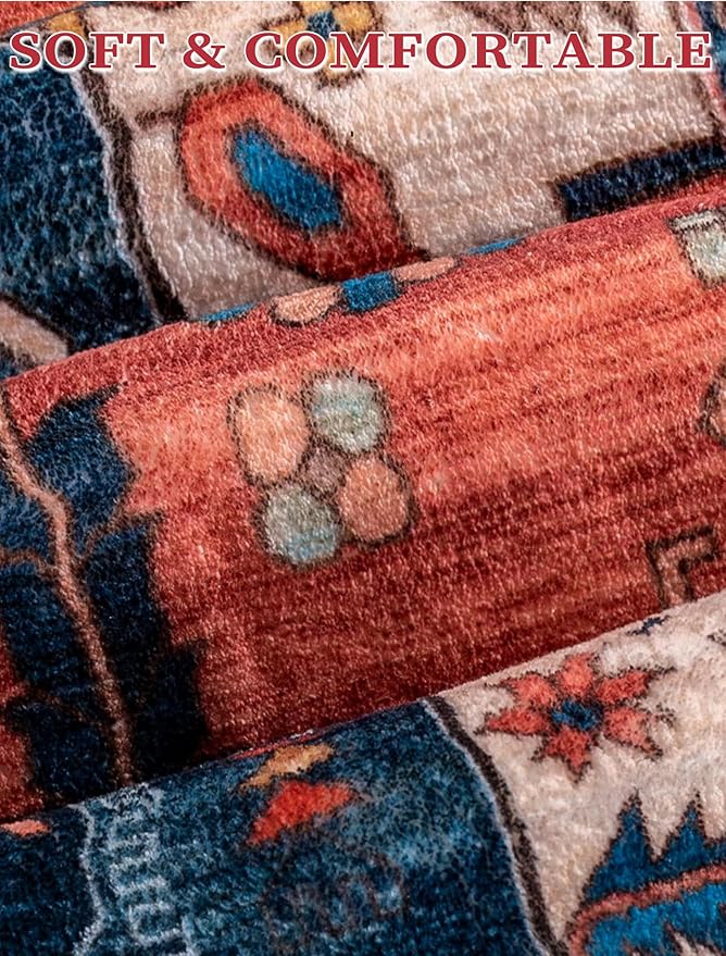 SERISSA Runner Rug for Hallways, 3x14 Washable Non Slip Kitchen Runner Rug, Extra Long Boho Rug Ultra Soft Vintage Rust Print Floor Carpet for Bedroom Hallway Entryway Bathroom Laundry Room