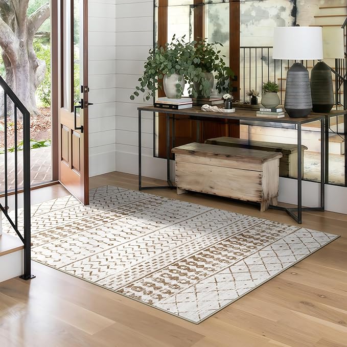 4x6 Machine Washable Area Rug for Living Room, Brown White Vintage Moroccan Rug Large Non-Slip Low Pile Soft Faux Wool Carpet, Kids and Pets Friendly for Bedroom Dining Room Farmhouse Home Decor Rug