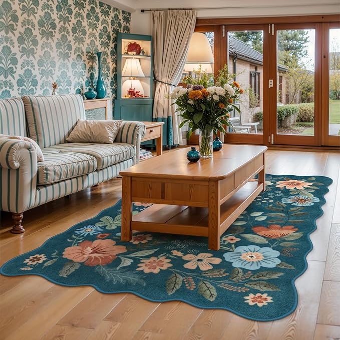 Lahome Floral Washable Rugs for Bedroom, 4X6 Area Rug Ultra-Thin Soft Living Room Rug, Non-Slip Classroom Stain Resistant Lightweight Boho Low-Pile Carpet for ‎‎Nursery Office (4x6ft,Navy Blue)