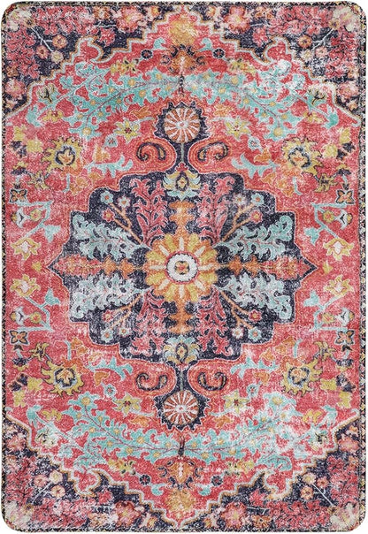 Lahome Bohemian Floral Medallion Area Rug - 2x3 Small Hot Pink Bath Rug Kitchen Sink Mat, Machine Washable Non-Slip Soft Indoor Carpet for Doormat Bedside Apartment Entrance, Fuchsia/Multi