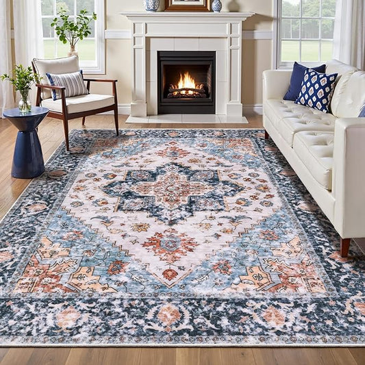 SERISSA Washable Rugs 6x9 Area Rugs, Large Non-Slip Boho Living Room Blue Orange Rug, Ultra Soft Vintage Oriental Tribal Farmhouse Carpet for Dining Room Bedroom Dorm Office Home Decor