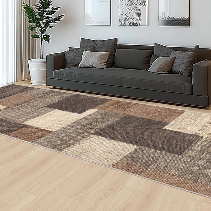 Modern Geometric Patchwork Indoor Runner Rug for Living Room, Beige 2'x 6' Large Rug Rockwood Collection Hardwood Floors Decor for Bedroom, Beige Throw Carpet for Office Entryway Dining Room