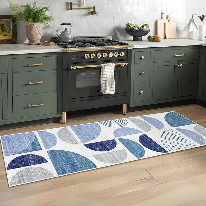 MUJOO Runner Rug Washable,Blue 2x6 Area Rugs for Hallways Kitchen Bathroom Bedroom Entryway,Non Slip Carpet Long Mat Indoor,Boho Soft Modern Abstract Navy Blue