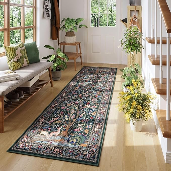 Rugcomf Runner Rug Vibrant Tree of Life-Patterned Vintage Kitchen Rugs Non Slip Washable Soft Carpet Runner for Laundry Bedroom Bathroom, Green