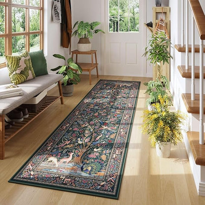 Rugcomf Runner Rug 2x6 Vibrant Tree of Life-Patterned Vintage Kitchen Rugs Non Slip Washable Soft Carpet Runner for Laundry Bedroom Bathroom, Green