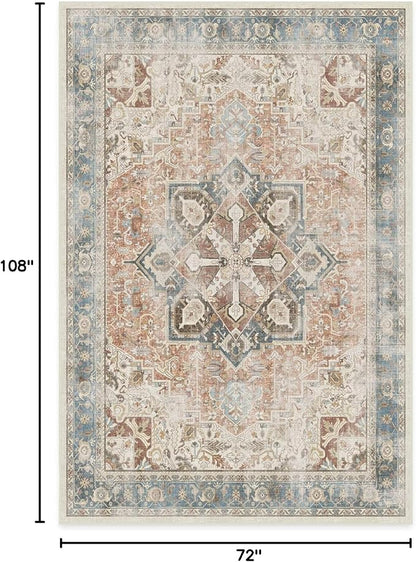 RUGGABLE Washable Vintage Area Rug – Kamran Coral 6x9, Stain-Resistant, Non-Slip – Medium Machine Washable Rugs for Living Room, Bedroom, Hallway, Entryway & Office–with Standard Pad