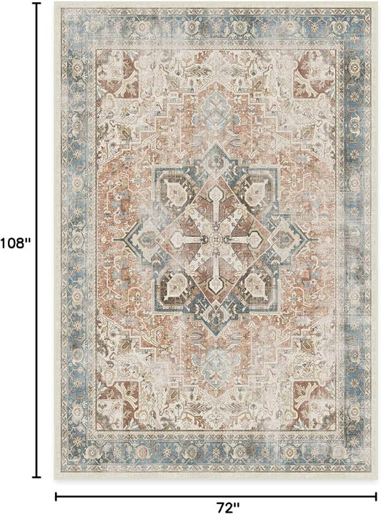 RUGGABLE Washable Vintage Area Rug – Kamran Coral 6x9, Stain-Resistant, Non-Slip – Medium Machine Washable Rugs for Living Room, Bedroom, Hallway, Entryway & Office–with Standard Pad
