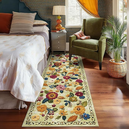 2'6''x8' Machine Washable Runner Rug, Kitchen Hallway Area Rug Green Vintage Boho Floral Ultra Non-Slip Low Pile Soft Faux Wool Carpet, Kids and Pets Friendly for Bedroom Entryway Nursery Decor Rug