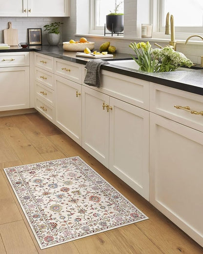 2x3 Washable Entryway Rug - Small Entry Rug Non-Slip Cream Colorful Vintage Traditional Floral Kitchen Rugs Low Pile Boho Carpet Throw Rugs for Bedroom Bathroom Entrance Dorm Laundry Room