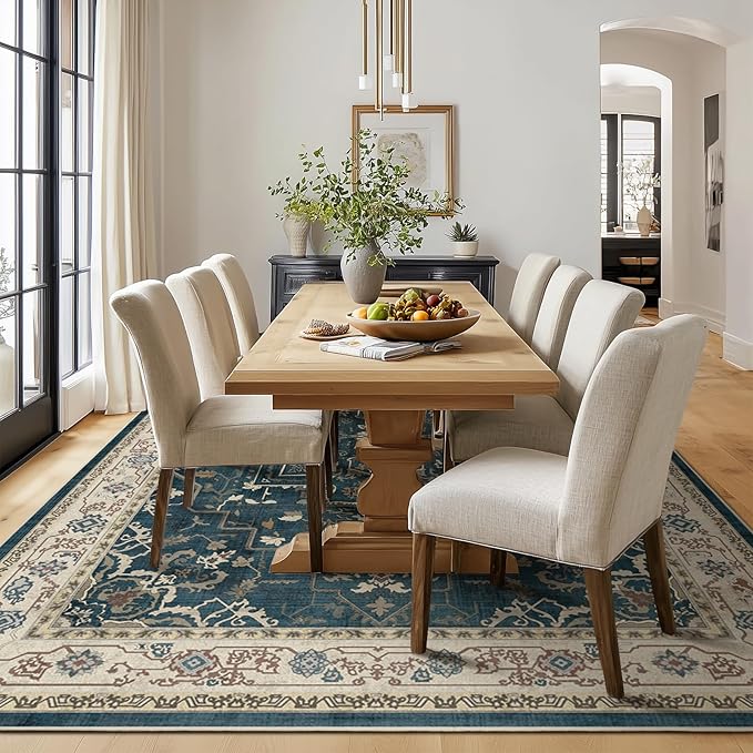 Large Vintage Area Rugs 9x12 for Living Room, Dark Distressed Medallion Printed Big Carpet Rugs for Bedroom, Washable Non Slip Low Pile Thin Rugs for Dining Room, Deep Blue/Multi