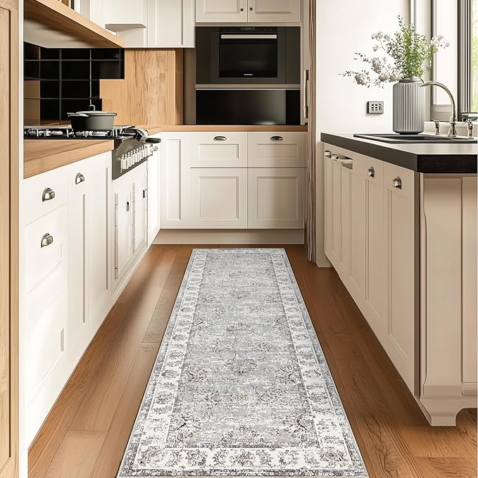 jinchan Fiora Runner Rug 2x5 Machine Washable Hallway Rug Grey Vintage Floral Print Non-Slip Low Pile Ultra-Thin for Kitchen, Entryway, Laundry Room, Bedroom, Farmhouse (2‘x5’, Grey)