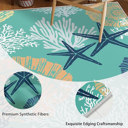 Tritard Coastal Area Rug 3x5 - Small Machine Washable Foldable Throw Rugs Non-Slip Beach Ocean Entryway Indoor Entrance Carpet for Kitchen Bathroom Laundry Bedroom Living Room, Teal and Turquoise
