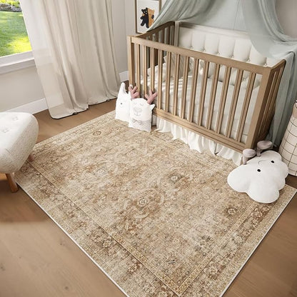 Washable 4x6 Rugs for Living Room, Boho Non-Slip Vintage Distress Small Rugs for Bedroom Nursery Office, 0.3" Neutral Oriental Throw Thin Carpet with Cushioning Pad, Brown/White/Multi