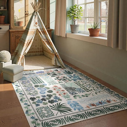 Floral Boho Beige Washable 3x5 Bathroom Entrance Rugs Indoor, Non Slip Flower Botanical Area Rugs for Kitchen Floor Soft Throw Carpet for Laundry Living Room Entrance (Beige,3 x 5)