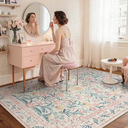 Wonnitar Pink Rugs for Bedroom Girls, 5x7 Washable Rug for Nursery Decor, Boho Soft Floral Carpet Non Slip, Indoor Ultra-Thin Floor Carpet for Baby Kids Room Living Room Dorm