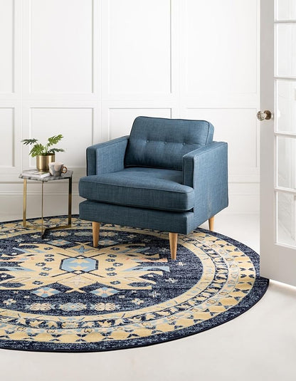 Unique Loom Taftan Collection Border Geometric Tribal Inspired Design Area Rug (8' 0 x 8' 0 Round, Navy Blue/ Gold)