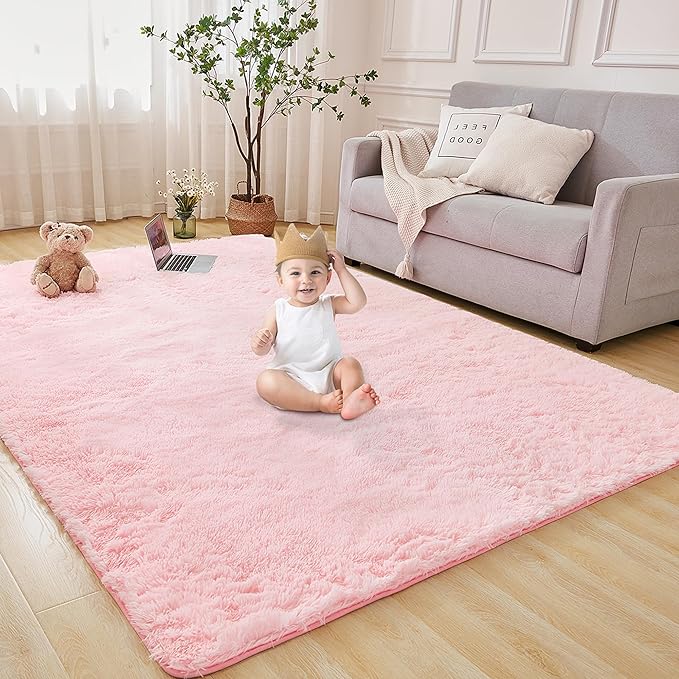 Andency 8x10 Area Rugs for Living Room, Pink Non-Slip Fluffy Soft Large Shag Bedroom Carpet, Big Indoor Thick Nursery Rug for Kids Dorm Home Decor Aesthetic