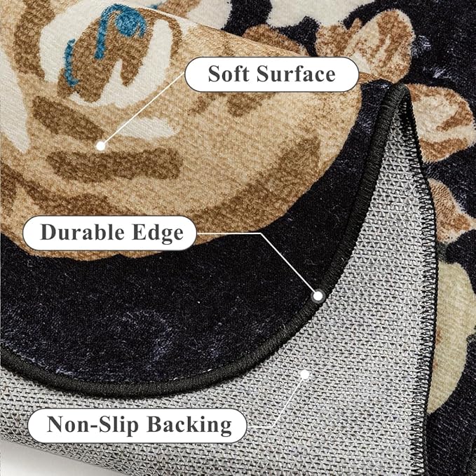 Washable Floral Area Rug 4x6 Black Office Carpet Scalloped Flower Non Slip Soft Living Room Rug Farmhouse Low Pile Thin Indoor Floor Cover for Bathroom Bedroom Kitchen Laundry Dining Room