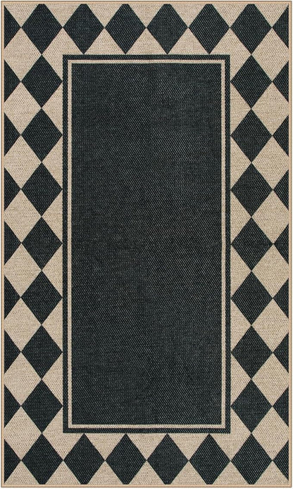 Moynesa Checkered Easy Jute Outdoor Patio Rug 3x5, Washable Indoor Outdoor Rugs for Entryway Non Slip, Farmhouse Carpet for Living Room Bedroom Kitchen Backyard Porches, Black Grid Pattern