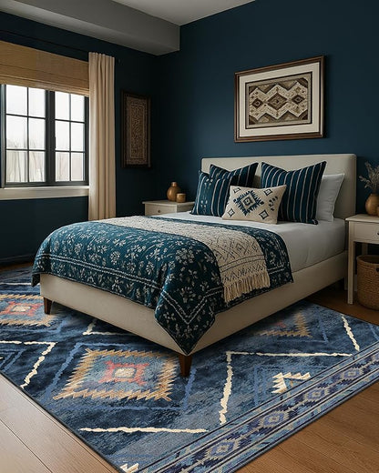 Area Rug 5x7 Rug Machine Washable Non-Slip Low Pile Print Pattern Western Rug for Living Room Bedroom Entryway Tribal Series -Darkblue