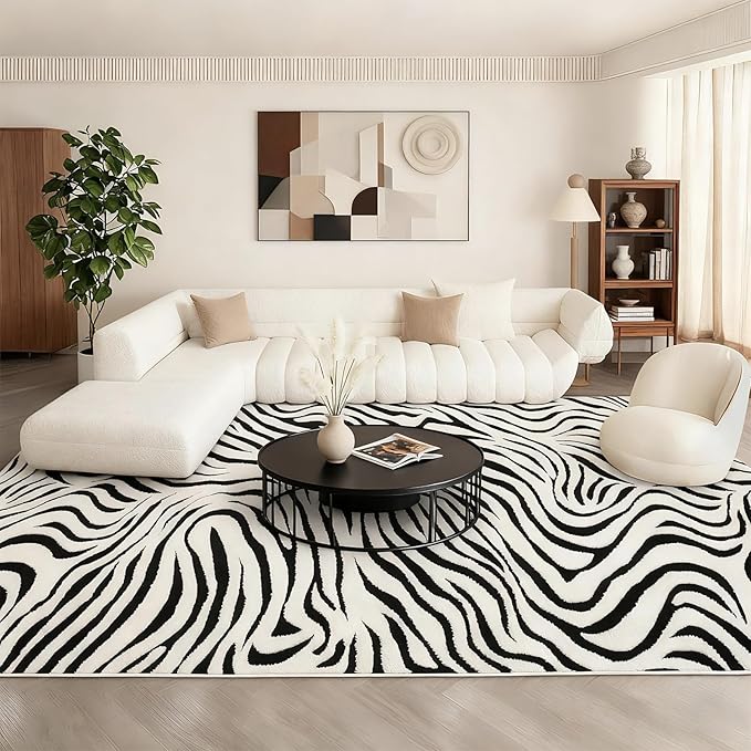 YIHOUSE 9×12 Ft Area Rugs for Living Room: Modern Washable Rug - Abstract Black and Cream White Rug for Bedroom Dining Room Office Playroom Nursery Home Decor - Nonslip Non-Shedding Striped Rugs