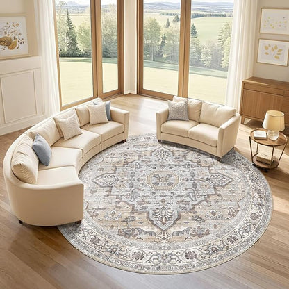 Round Rug Living Room Rugs: 8x8 Washable Boho Neutral Large Circle Soft Indoor Distressed Stain Resistant Floor Farmhouse Carpet for Bedroom Nursery Kids Playroom Office Dining Room Dorm- Cream Gray