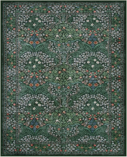 Lahome Floral Dark Green Area Rugs 8x10, Soft 8x10 Washable Rugs for Living Room Bedroom, Boho Non-Slip Forest Large Throw Carpet for Farmhouse Dining Room Office, Dark Green