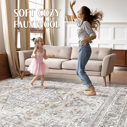7x10 Area Rug Living Room: Washable Boho Large Neutral Vintage Soft Rugs Stain Resistant Farmhouse Non Slip Indoor Floor Carpet for Bedroom Nursery Kids Playroom Office Dining Room- Ivory Gray