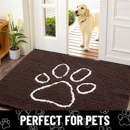 Smiry Dog Door Mat for Muddy Paws, Absorbent Dirt Trapper Non Slip Quick Dry Washable Chenille Mat for Mud Dogs, Entry Rug for Indoor and Outdoor (24x16 Inches, Brown and White)