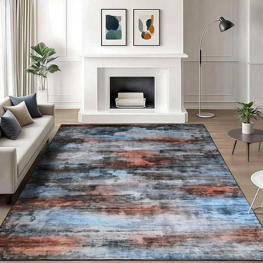 WILLSUN Washable Area Rugs, 5x7 Non-Slip Boho Large Area Rugs for Living Room, Bedroom, Machine Washable Vintage Rug, Indoor Floral Print Carpet for Home Decor, Kid & Pet Friendly Mat