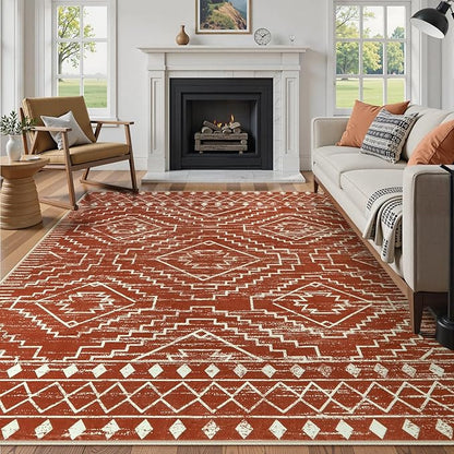 Wonnitar Moroccan 8x10 Area Rugs for Living Room, Washable Large Brown Rug for Bedroom, Non-Slip Soft Thin Stain Resistant Boho Tribal Floor Carpet for Dining Guest Room Office (Brown,8'x10')
