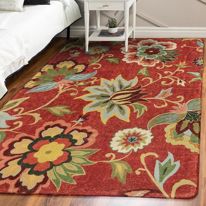 Lahome Floral Red 3x5 Area Rug, Washable Kitchen Fall Rugs Non-Slip ‎Stain Resistant Soft Throw Low-Pile Carpet for Bedroom, Christmas Paisley Print Floor Carpet for Living Room Entryway Office