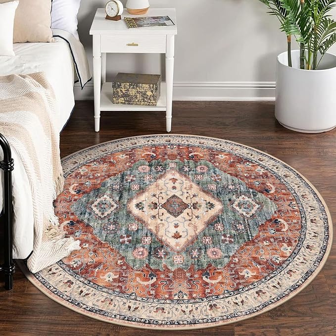 KOZYFLY Boho Round Rug 5 Ft Rugs for Entryway Washable Circle Rug Non Slip Doormat Rust/Orange/Blue Printed Faux Wool Vintage Round Entryway Rug Floor Carpet Round for Entrance, Bedroom