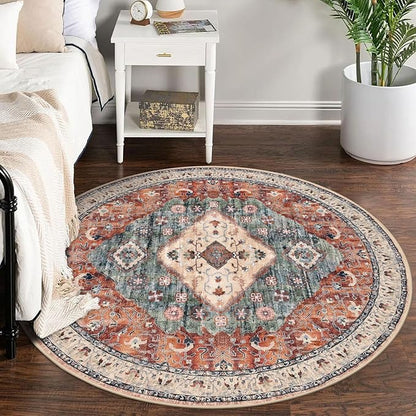 KOZYFLY Boho Round Rug 5 Ft Rugs for Entryway Washable Circle Rug Non Slip Doormat Rust/Orange/Blue Printed Faux Wool Vintage Round Entryway Rug Floor Carpet Round for Entrance, Bedroom