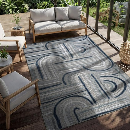 CAMILSON Indoor Outdoor Rug, Blue 10x14 Geometric Arch Striped Large Area Rugs for Patio and Home Areas, Easy-Cleaning Non-Shedding Living Room, Garden and Deck Washable Outside Carpet (10 x 14)