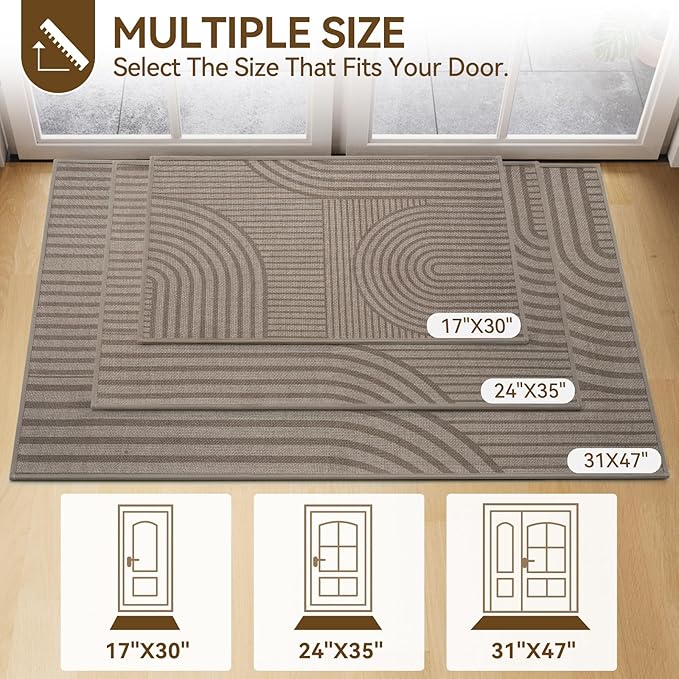 Front Door Mat 17''x30'', Absorbent Muddy Dirt Resist Washable Non Slip Low-Profile Indoor Doormat, Easy Clean Welcome Entryway Door Mats, Brown