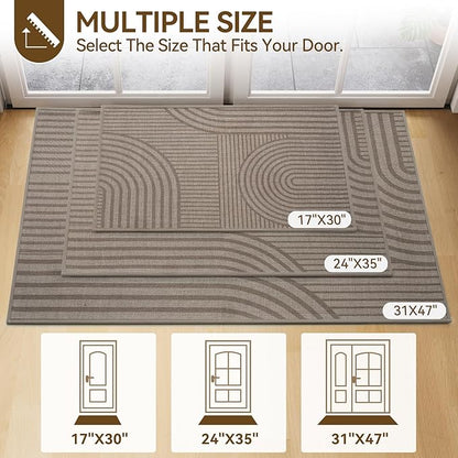 Front Door Mat 17''x30'', Absorbent Muddy Dirt Resist Washable Non Slip Low-Profile Indoor Doormat, Easy Clean Welcome Entryway Door Mats, Brown