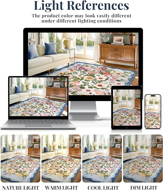Floral Rug for Living Room - 4x6 Washable Area Rugs Non-Slip Soft Low-Pile Stain Resistant Carpet Unique Flower Print Vintage Indoor Rug for Bedroom Dining Room Office Nursery Room, Blue