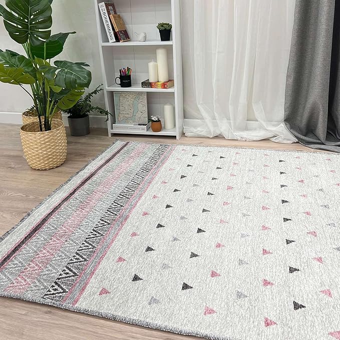 Alfa Rich 7x10 Mauve Gray Off White Washable Area Rugs for Living Room Bedroom Kitchen Decor Cotton