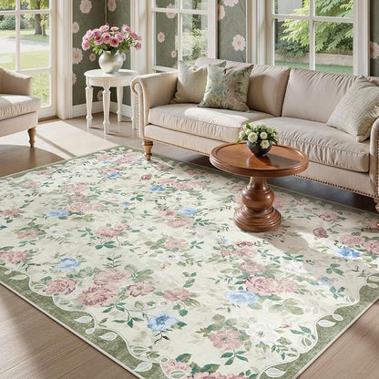 Lahome Floral Washable 5x7 Rug, Boho Area Rug for Bedroom,Vintage Living Room Rugs Non Slip Low Pile Ultra-Thin Large Carpet for Farmhouse,Dining Room,Kids Playroom(5'X7',Cream/Green)