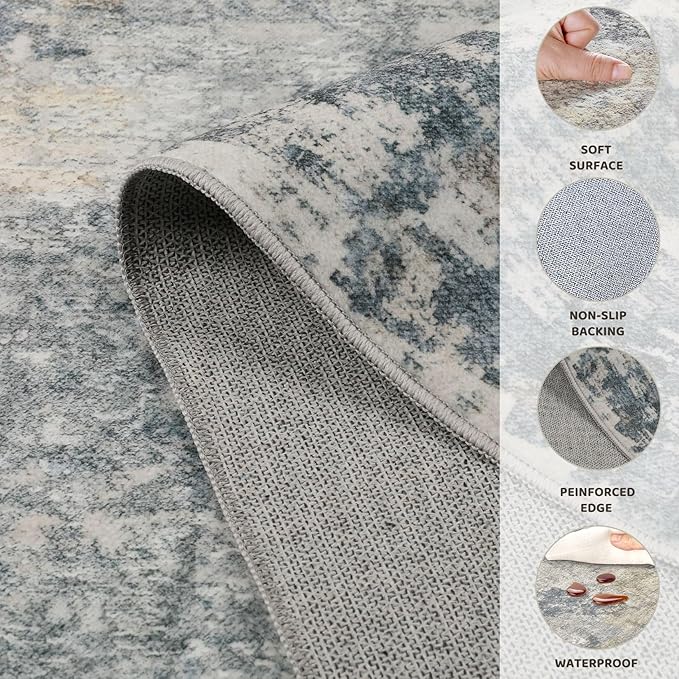 3x5 Area Rug Living Room Rugs - Washable Neutral Modern Abstract Soft Thin Rug Indoor Floor No Slip Rug Carpet for Bedroom Under Dining Table Home Office Decor - Blue Grey