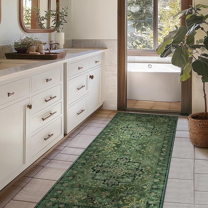 Dark Green 3x6 Runner Rug Non Slip, Washable Thin Kitchen Runner, Vintage Distressed Medallion Carpet Runners for Hallway 6ft Indoor Entryway/Bedroom/Foyer/Laundry Room/Bathroom