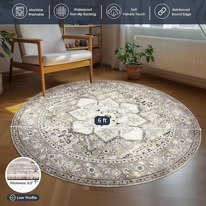 PURRUGS Vintage Farmhouse Boho Area Rug 6x6 ft, Non-Slip Machine Washable Round Rug, Accent Oriental Rug for Dining Room, Living Room, Bedroom, Entryway and Kitchen, Taupe/Vanilla
