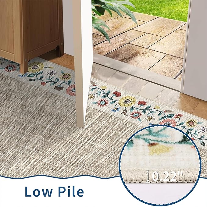 GarveeHome Washable Rugs for Living Rom 8 x 10 Large Area Rug Farmhouse Floral Bordered Bedroom Carpet Indoor Non-Slip Nursery Mat Soft Non Shedding Stain Resistant Carpet for Dining Room, Light Camel