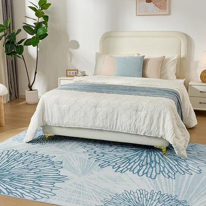 WITSHOCK 6x9 Washable Rug for Living Room,Modern Floral Distress Print Pattern Area Rugs,Stain Resistant with Non Slip Backing Carpet for Dining Room,Bedroom & Home Decor,Blue/Light Blue